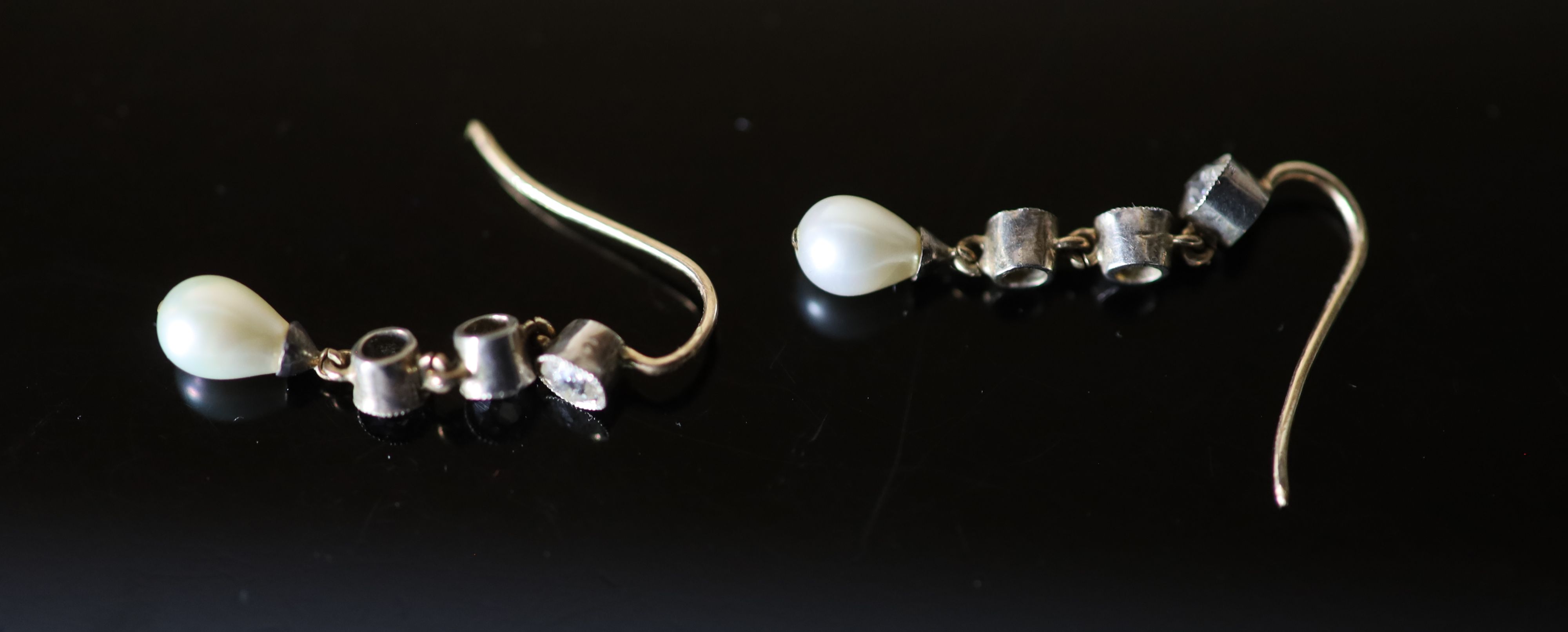 A pair of early 20th century gold and silver pear shaped cultured pearl and diamond set drop earrings,